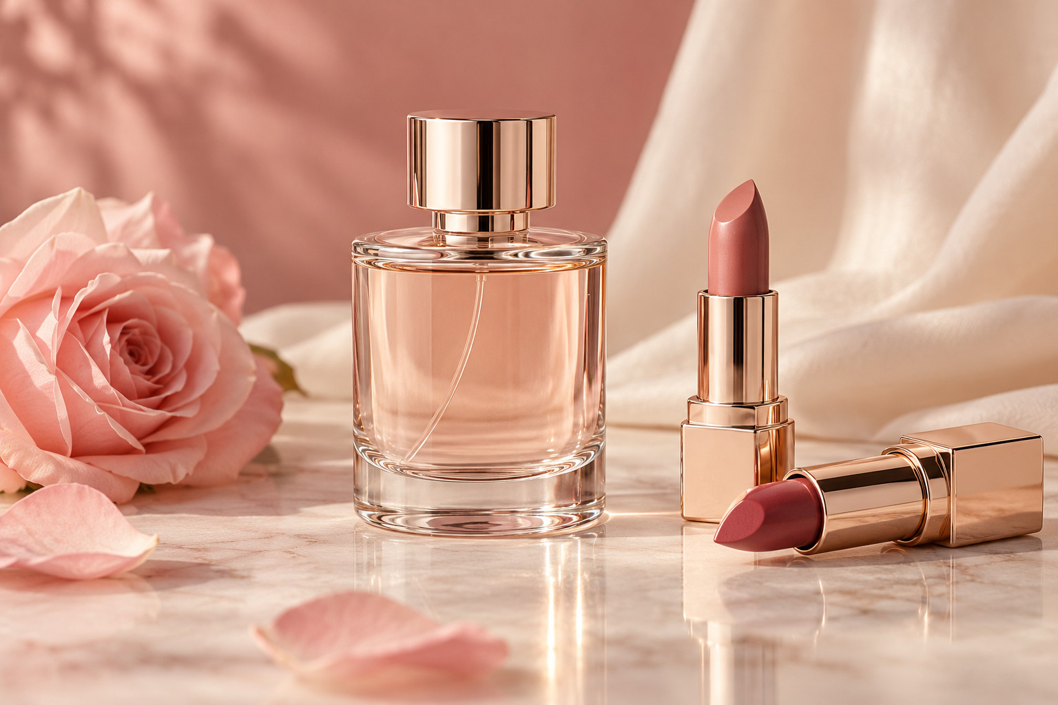 Un flacon de parfum et un rouge à lèvres sur un fond doux.
