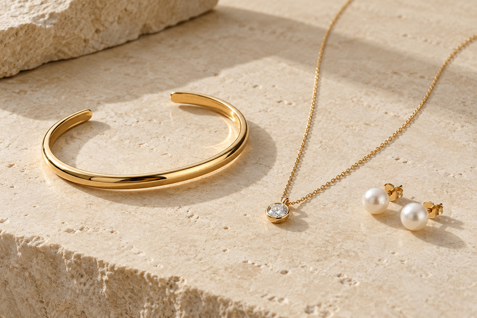 Une sélection de bijoux délicats sur un fond clair.