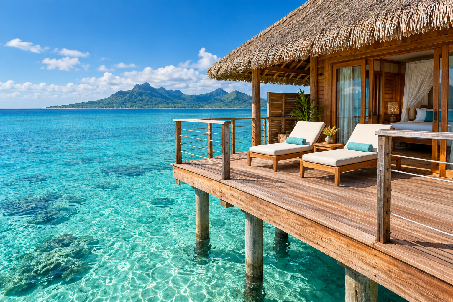 Un bungalow sur pilotis au-dessus d’une mer turquoise.